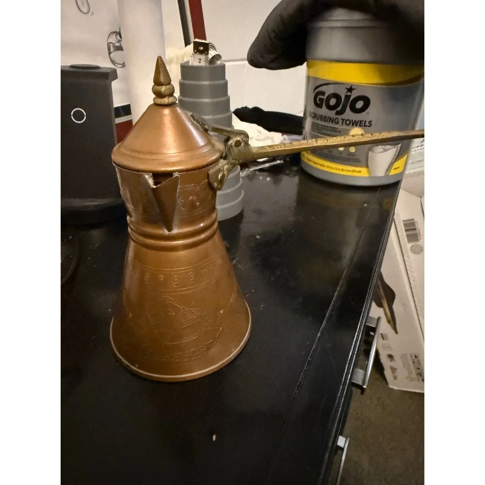 Aktoussi Bros Vintage Copper Dallah Coffee Pot Etched Made in Lebanon 7.5in